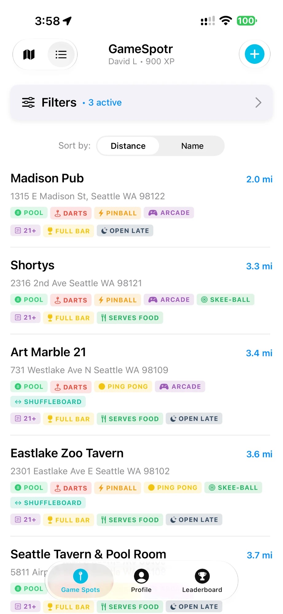 List of game spots with tags